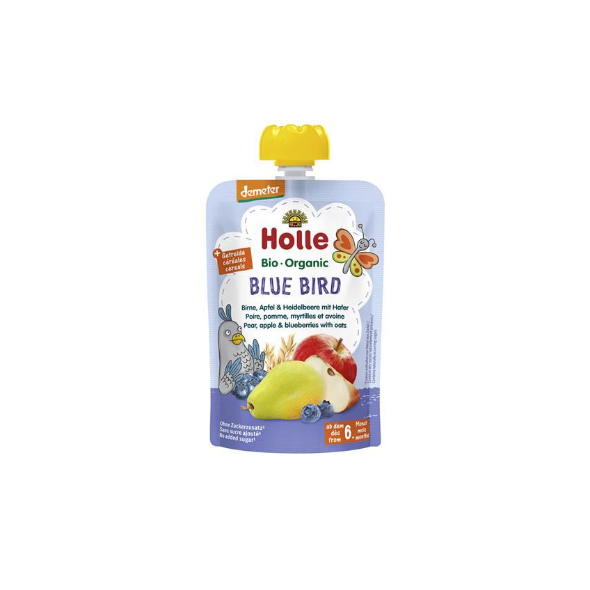 Holle Bio Puré Saqueta Blue Bird - Pêra, Maçã e Mirtilo com Aveia 100g 6m+