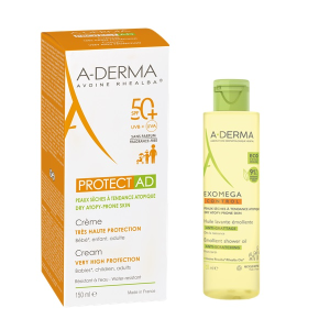 A-Derma Protect AD Promo Creme SPF50+ 150mL com Oferta de A-Derma Exomega Óleo Duche 100mL